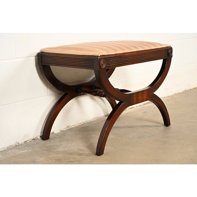 Kindel Furniture Kindel Furniture Regency Carved Mahogany Curule Vanity Bench or Stool For Sale - Image 4 of 12