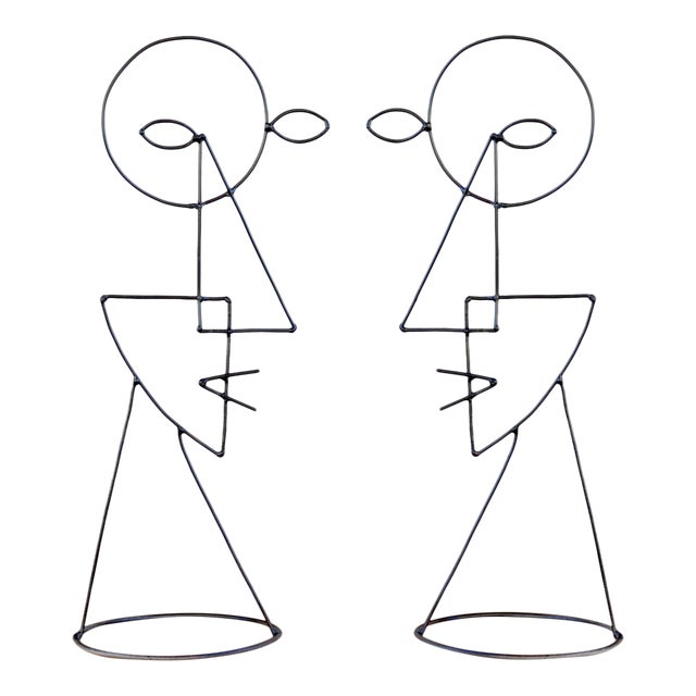 Large Abstract Cubist Picasso Metal Steel Wire Face Sculpture A Pair Chairish
