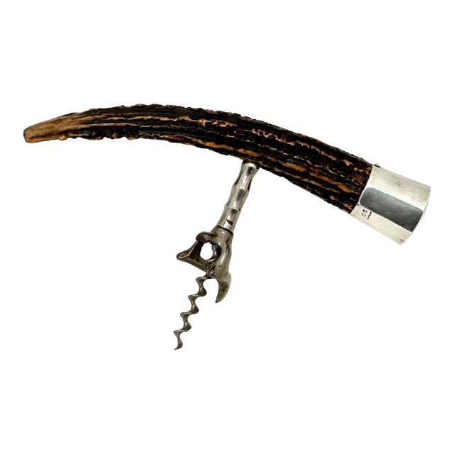 Oversize Antique American Sterling Silver Mounted Stag Horn Antler Wine Corkscrew & Bottle Opener - Early 1900s For Sale