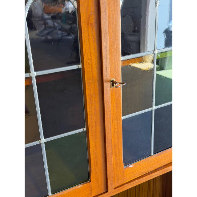 Wood Vintage Danish Modern Teak Corner Cabinet Display Hutch Mid Century Stained Glass Denmark For Sale - Image 7 of 9