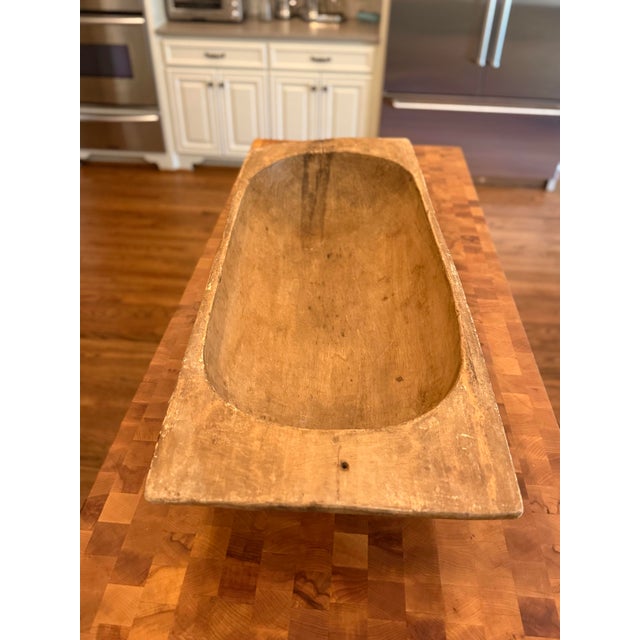 Farmhouse Antique Hand-Carved Primitive Wooden Dough Bowl With Early Wire Repairs – 42” For Sale - Image 3 of 8