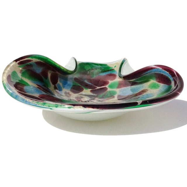 Mid 20th Century Murano Purple Green Blue Silver Leaf Millefiori Flowers Vintage Italian Art Glass Decorative Center Bowl For Sale - Image 5 of 7