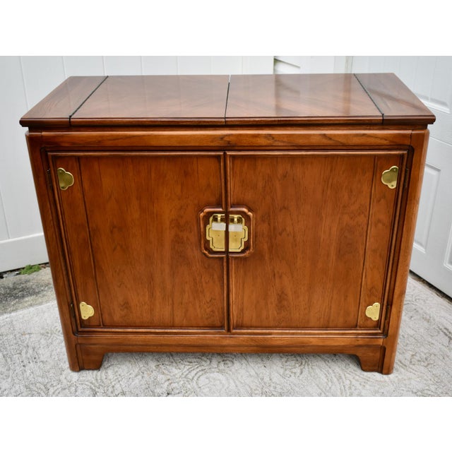 Thomasville Cherry Wood Server Vintage Asian Influenced Flip Top Brass For Sale - Image 10 of 13