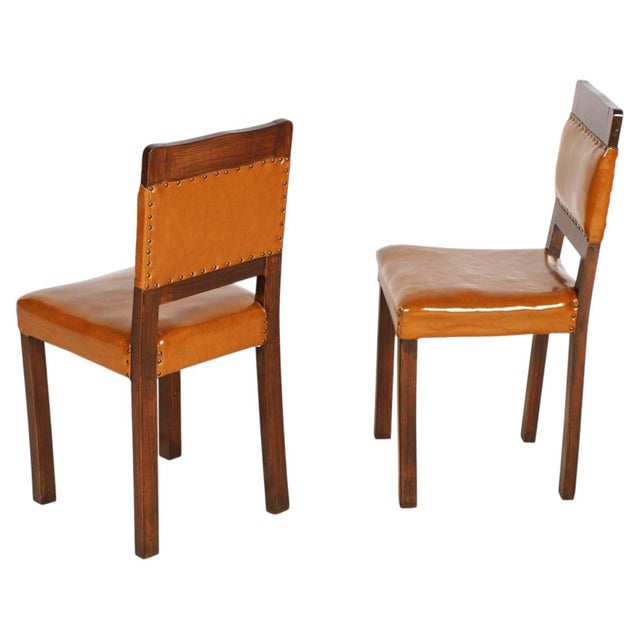 Set of Art Deco Walnut & Leather Side Chairs, 1920s For Sale - Image 4 of 9