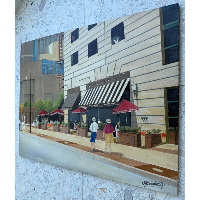 Mid-Century Modern Oil on Masonite Cityscape Painting From 80's/Signed For Sale - Image 3 of 12