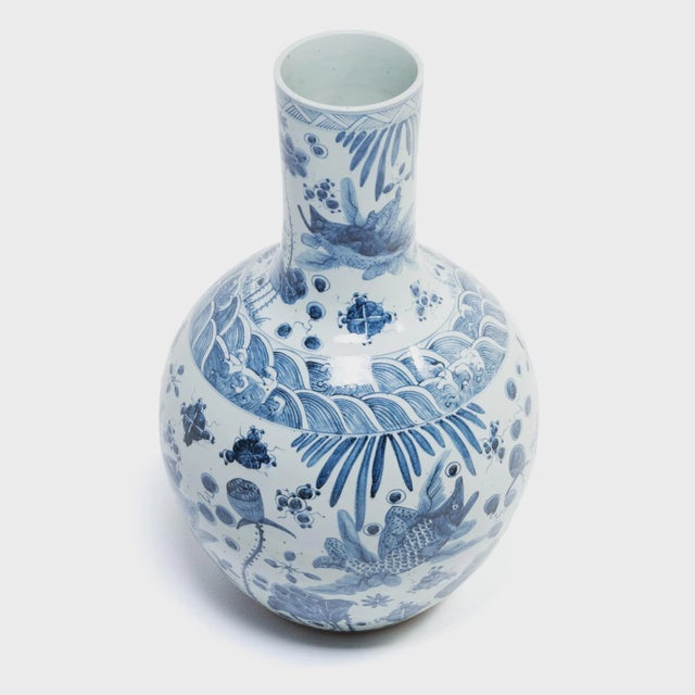 2000 - 2009 Monumental Chinese Blue and White Koi Bottleneck Jar For Sale - Image 5 of 6