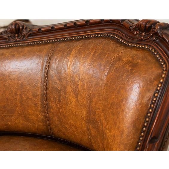 Vintage Leather Sofa – Carved Wood Frame (French / Antique Style) For Sale - Image 4 of 4