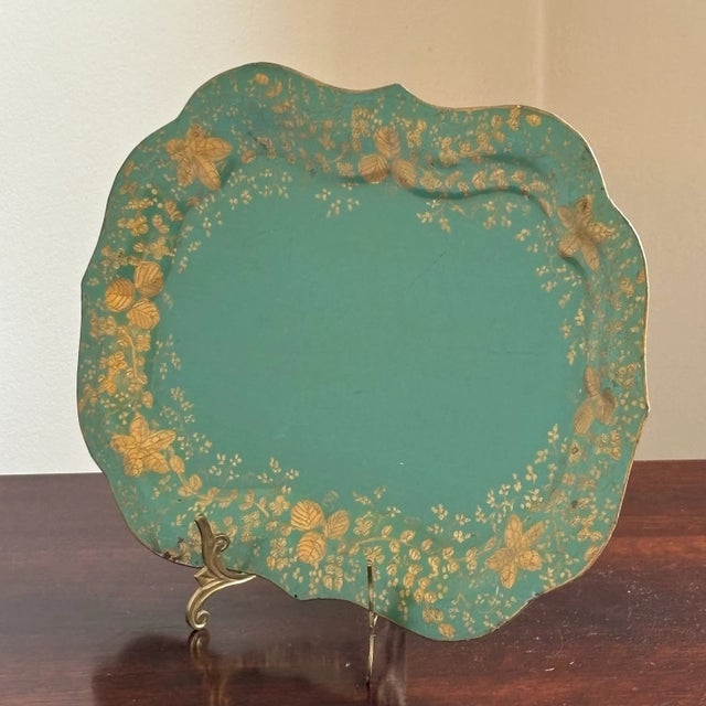 Teal Early-20th Century Hand-Painted Teal & Gold Tole Serving Tray For Sale - Image 8 of 17