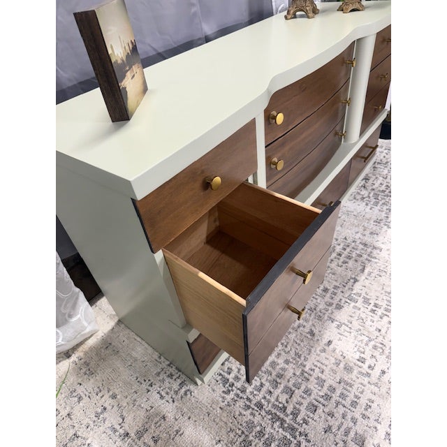 Professionally Refinished Mid Century Modern Walnut Dresser in Farrow & Ball "Verte De Terre" For Sale - Image 9 of 11