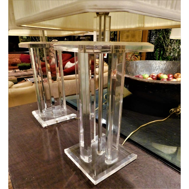 1970s 1970s Mid-Century Modern Lucite Lamps With Shades - a Pair For Sale - Image 5 of 6