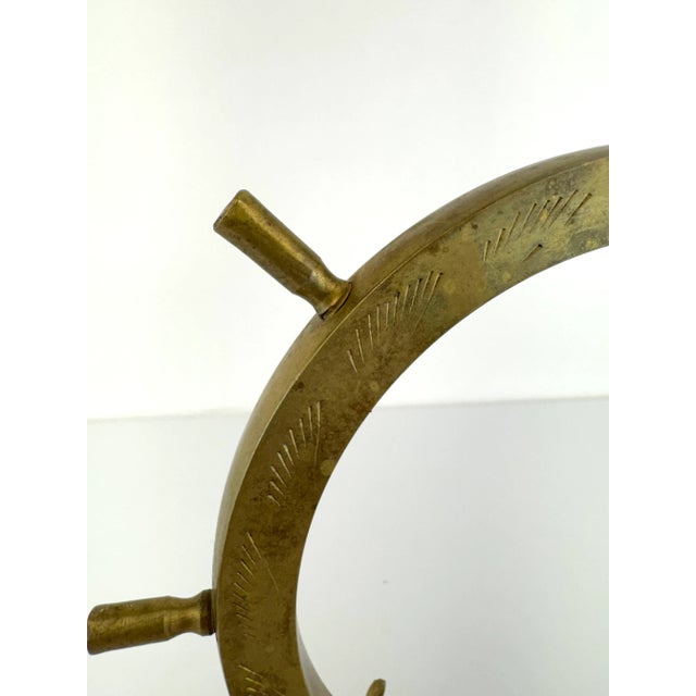 Rustic European Mid 20th Century Brass Ship Wheel With Hand-Etched Detail For Sale - Image 3 of 14