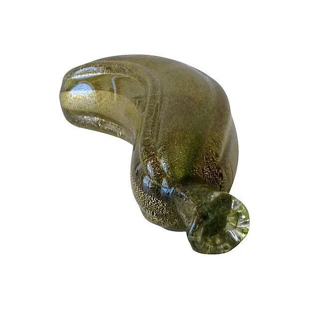 Vintage; Archimede Seguso Italian Murano hand blown banana, green with gold dust flecks, and clear outer casing. Tip or...