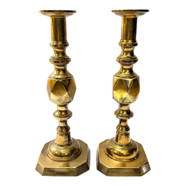 Antique English Brass Jubilee Candlesticks – King of Diamonds Victorian Pair For Sale