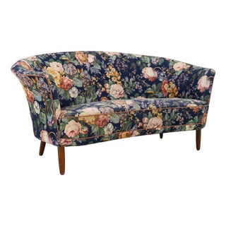 Mid-Century Danish 2-Seater Banana Sofa with Floral Fabric, 1950s For Sale