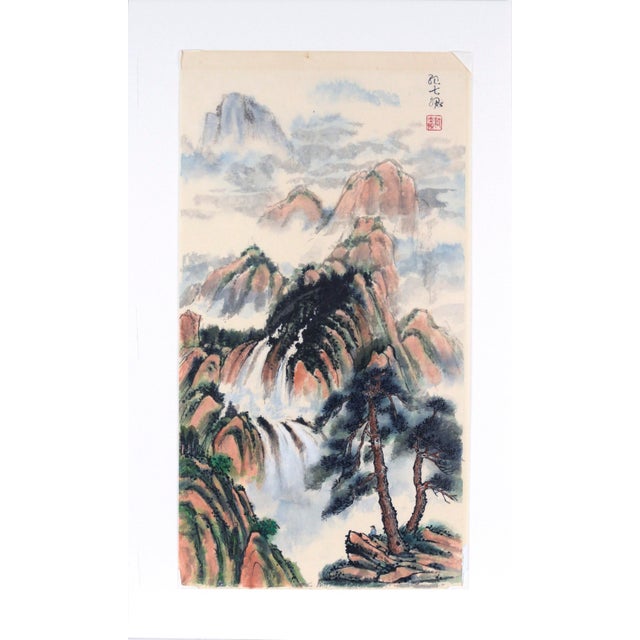 Spring Rain - Vertical Chinese Landscape with Waterfalls and Mountains Idyllic landscape with a massive waterfall by an...