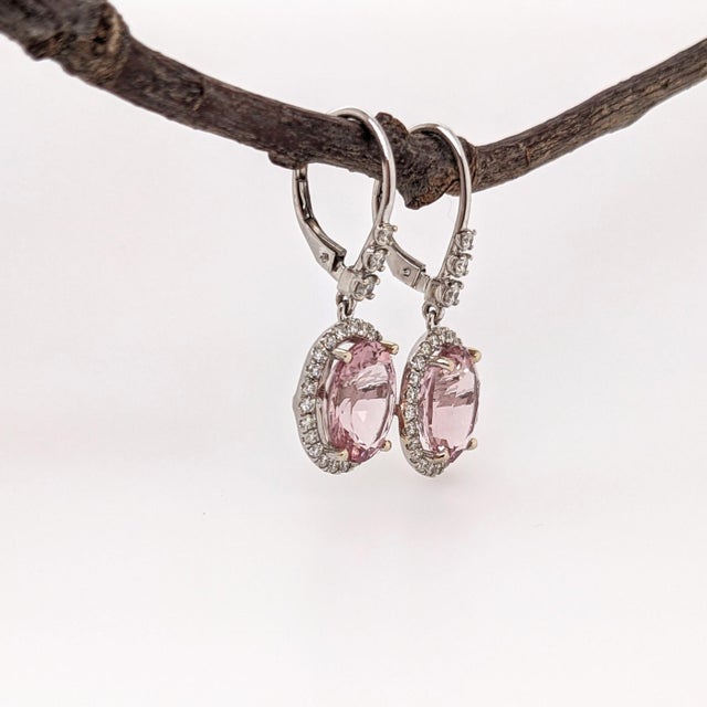 2.5Ct Morganite Diamond Drop Earrings: Solid 14k White Gold, Oval 8x6mm, Pair For Sale - Image 4 of 7