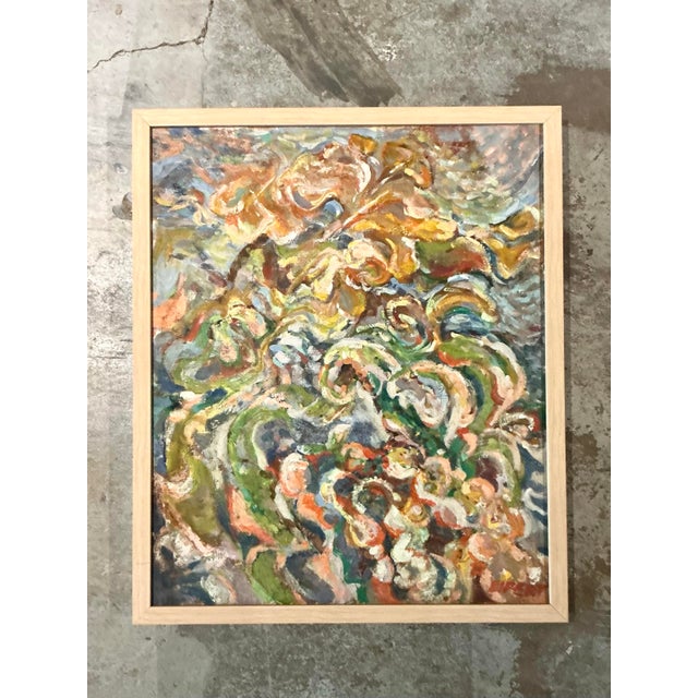 This striking original abstract oil painting is a masterclass in textural depth and organic expressionism. The artist...