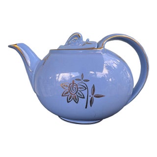 Vintage Hall China Powder Blue 6-Cup Teapot With Gold Floral Motif For Sale
