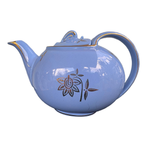 Vintage Hall China Powder Blue 6-Cup Teapot With Gold Floral Motif