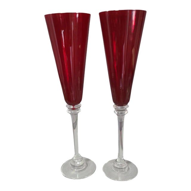 Vintage Pair of Valentine Red Ribbed Toasting Champagne Flutes Glasses