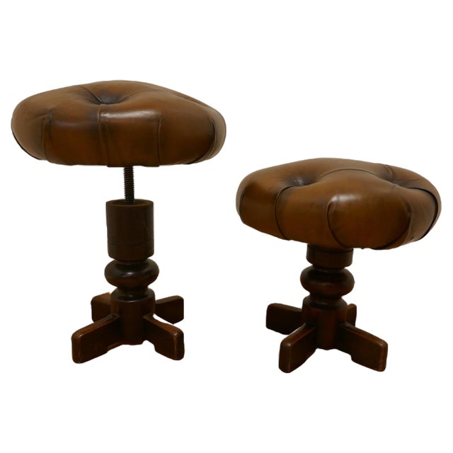 French Button Leather Swivel Piano Stools, 1890s, Set of 2 For Sale