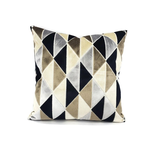 This pillow has black, gray, brown, and cream-cut velvet in a modern geometric diamond pattern. The velvet is super soft...