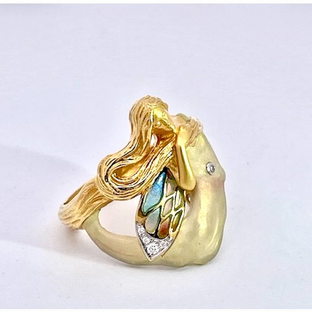 1980s Masreira Mermaid Enamel Ring 18k, Size 6 For Sale - Image 11 of 12