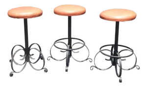 Set of Three Vintage Spanish Style Orange Iron Bar Stools ~ Mid Century Modern