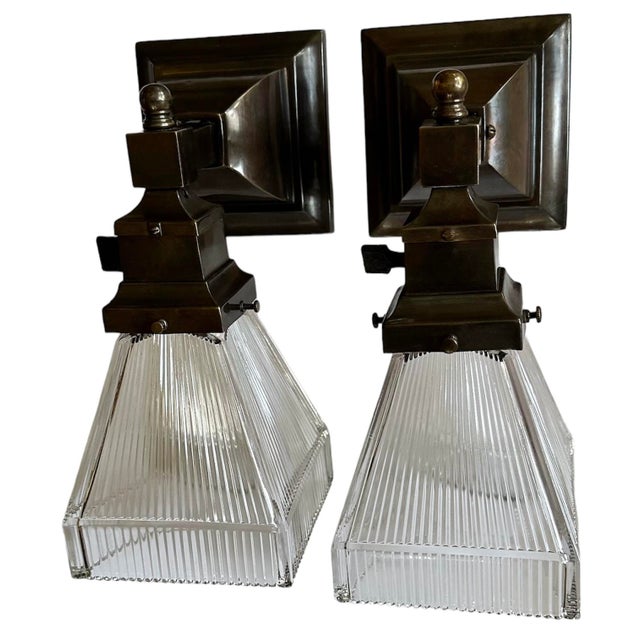 Pair of Mission/Craftsman Brass and Holophane Glass Sconces, Circa 1910 For Sale In Los Angeles - Image 6 of 6