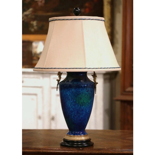 Mid-Century French Blue Glazed Ceramic and Bronze Urn Table Lamp For Sale - Image 4 of 10