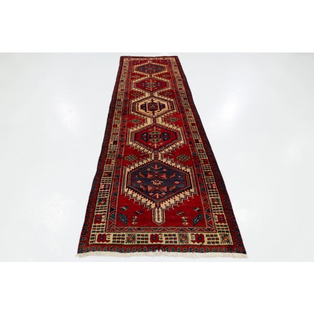 Vintage Hand-Knotted Turkish Wool Runner Rug With Geometric Tribal Medallions in Crimson, Indigo, and Cream For Sale - Image 9 of 9