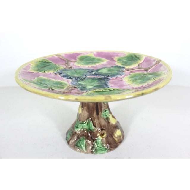 Antique Etruscan Majolica Cake Stand, Round Pink Yellow Green Leaf Motif Platter With Faux Bois and Ivy Base Makers Mark For Sale - Image 6 of 11