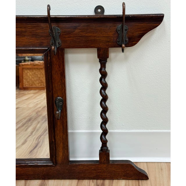 Wood Antique English Oak Hall Tree Mirror With Barley Twist Hooks C 1900 For Sale - Image 7 of 7