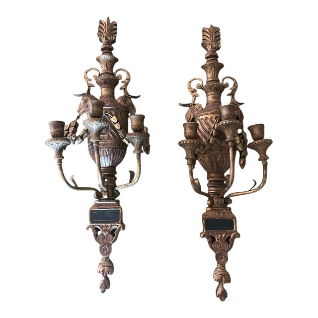 1960s Pair of Monumental 31” Italian Rococo Revival Carved Wood & Metal Wall Sconces For Sale