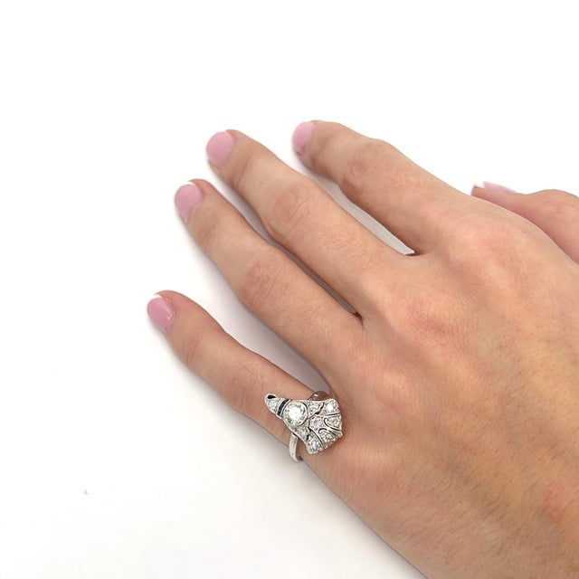 Vintage 14k White Gold Art Deco Ring With Diamond & Blue Sapphire - Size 3.25 For Sale In Phoenix - Image 6 of 6