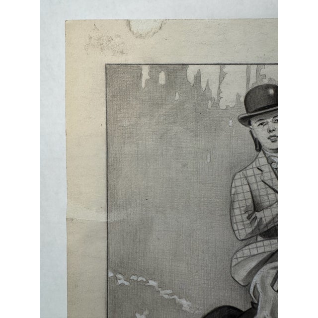 American 1940s Original Signed Graphite Illustration of Young Equestrian on Horseback, 12 × 9 In. For Sale - Image 3 of 7