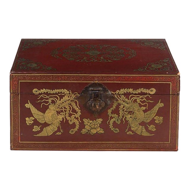 Antique Chinese Red Lacquered Leather Chest For Sale