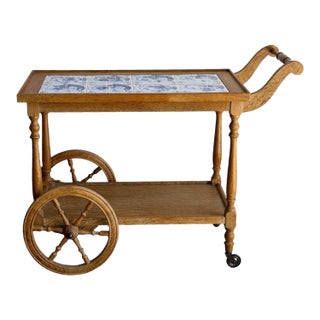 Vintage Danish Oak Bar Cart Tea Trolley With Blue & White Tile Top For Sale
