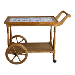 Vintage Danish Oak Bar Cart Tea Trolley With Blue & White Tile Top