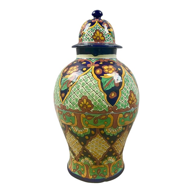 Mexican Talavera Multi-Color Handmade Pottery Lidded Vase or Urn For Sale