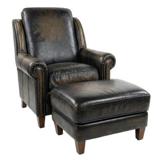 Brown 2 Pc Leather Club Chair and Ottoman Thomasville For Sale