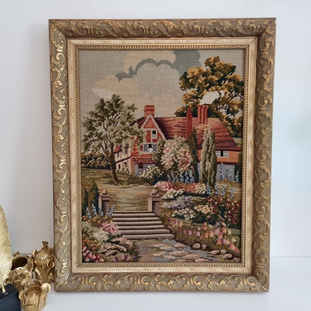 Late 19th Century Antique Handmade Gobelin Large Victorian Needlepoint Cottage Scene Wall Art Wool Tapestry in Gilded Baroque Frame, 19th Century For Sale - Image 5 of 11