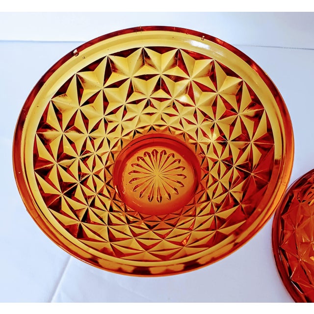 1950s Heavy Amberina Glass Diamond Point Pattern Covered Candy Dish For Sale - Image 11 of 13