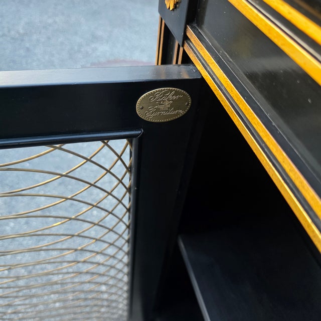 Pair of Baker Furniture Neoclassical Black Lacquer and Gilt Cabinets With Decorative Wire-Mesh Grille Doors, Late 20th Century For Sale - Image 13 of 17