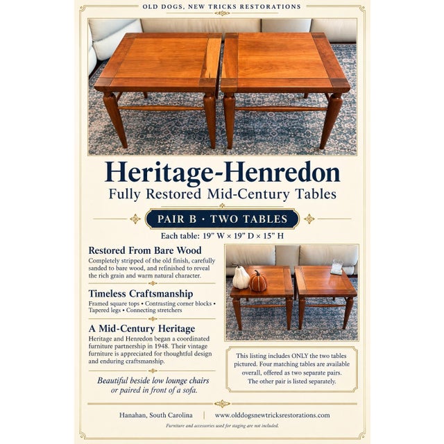 Pair#1 A beautifully restored pair of vintage Heritage-Henredon tables, featuring richly figured wood tops framed by...