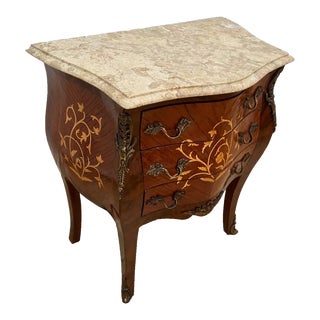 1910s Antique Venetian Bombe Commode Small Chest of Drawers White Marble Top Ormolu For Sale