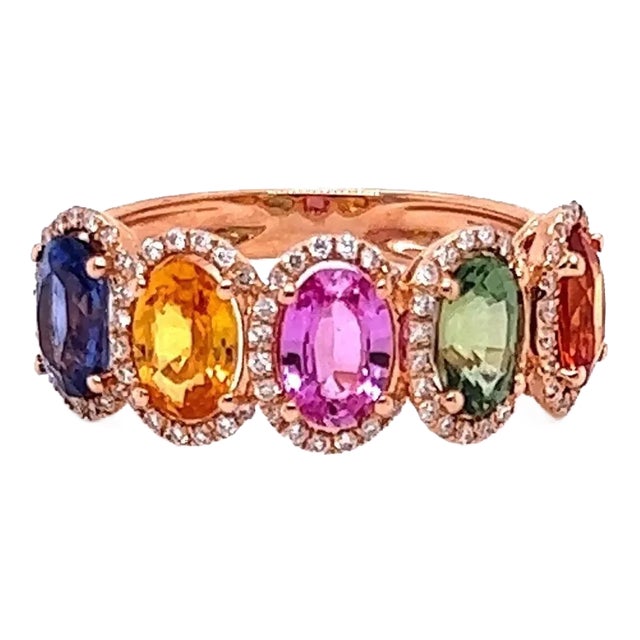 Multicolor Sapphire & Diamond 18k Rose Gold Band Ring - Size 6 For Sale