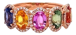 Multicolor Sapphire & Diamond 18k Rose Gold Band Ring - Size 6