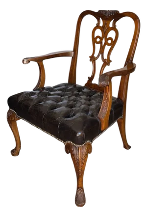 Chippendale Style Carved Mahogany Tufted Leather Desk or Side Armchair