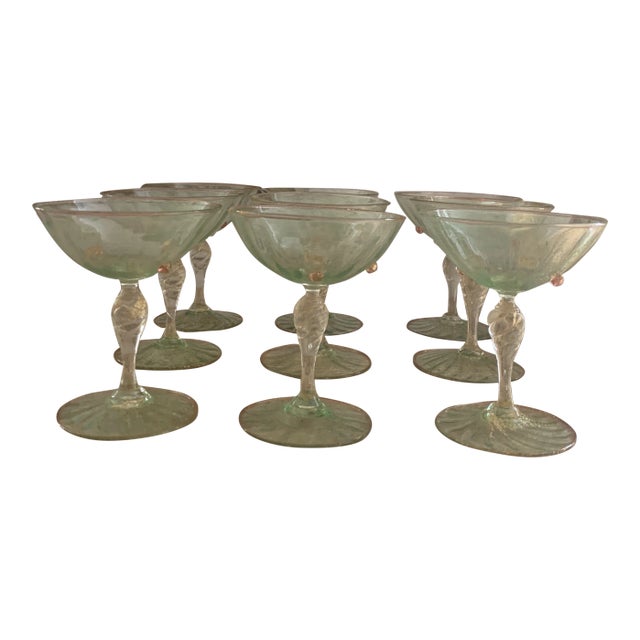 Green Murano Glass Champagne Coupes Attributed to Salviati- Set of 9 For Sale